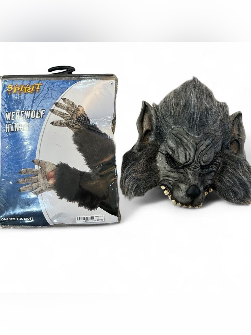 Werewolf Mask and Paws Set - Gray Faux Fur Costume One Size